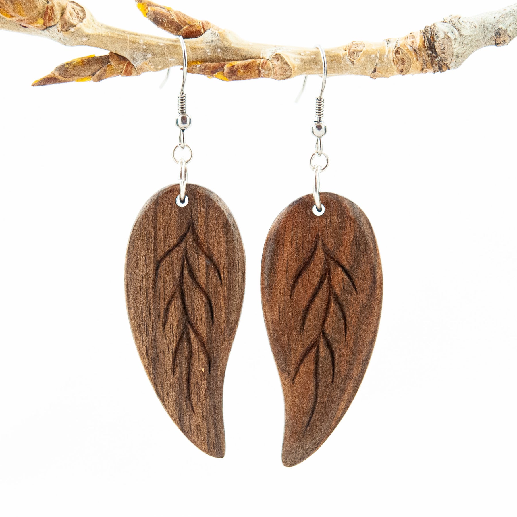 Hand Carved Wooden Earrings-Leaf